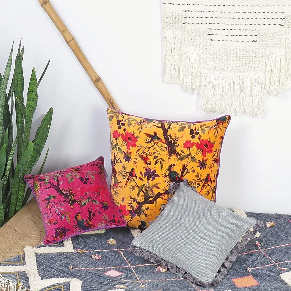 Eyes of India 24x24 inch Burgundy Red Velvet Floral Flower Bird Throw Pillow Sofa Cushion Cover Case Couch Bohemian Accent Colorful Boho Chic Indian Handmade Cover Only