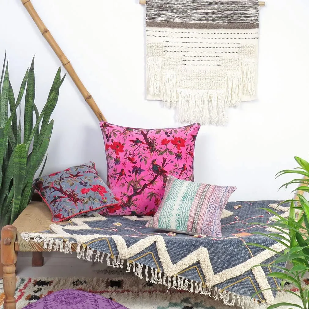 Eyes of India Velvet Floral Flower Bird Throw Pillow Sofa Cushion Cover Case Couch Colorful Boho Chic Bohemian Accent Indian Handmade (Gray, 16" x 16")