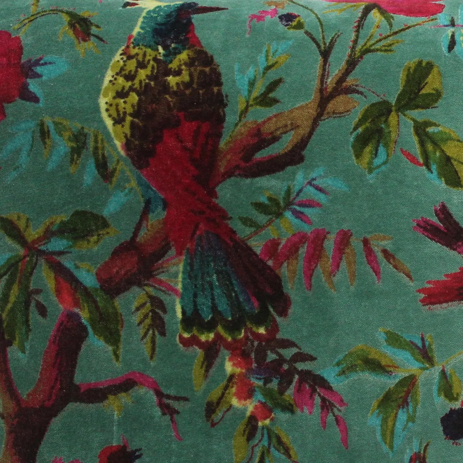 Eyes of India Velvet Floral Flower Bird Throw Pillow Sofa Cushion Cover Case Couch Colorful Boho Chic Bohemian Accent Indian Handmade (Green, 24" x 24")