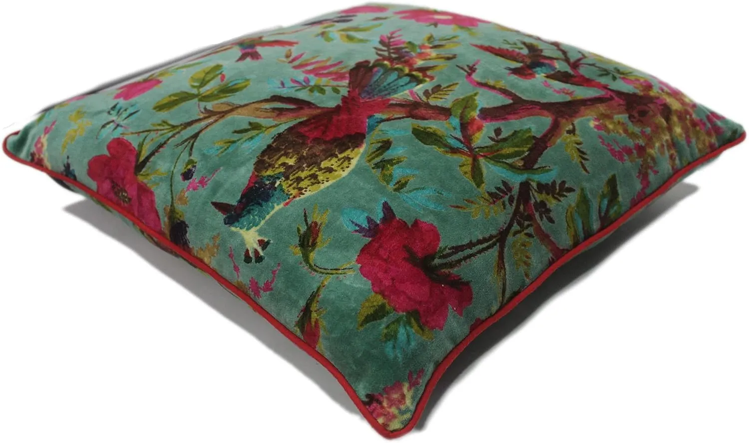Eyes of India Velvet Floral Flower Bird Throw Pillow Sofa Cushion Cover Case Couch Colorful Boho Chic Bohemian Accent Indian Handmade (Green, 24" x 24")