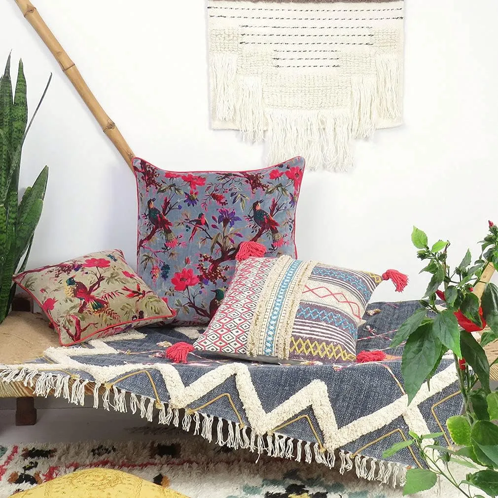 Eyes of India Velvet Floral Flower Bird Throw Pillow Sofa Cushion Cover Case Couch Colorful Boho Chic Bohemian Accent Indian Handmade (Olive Green, 16" x 16")