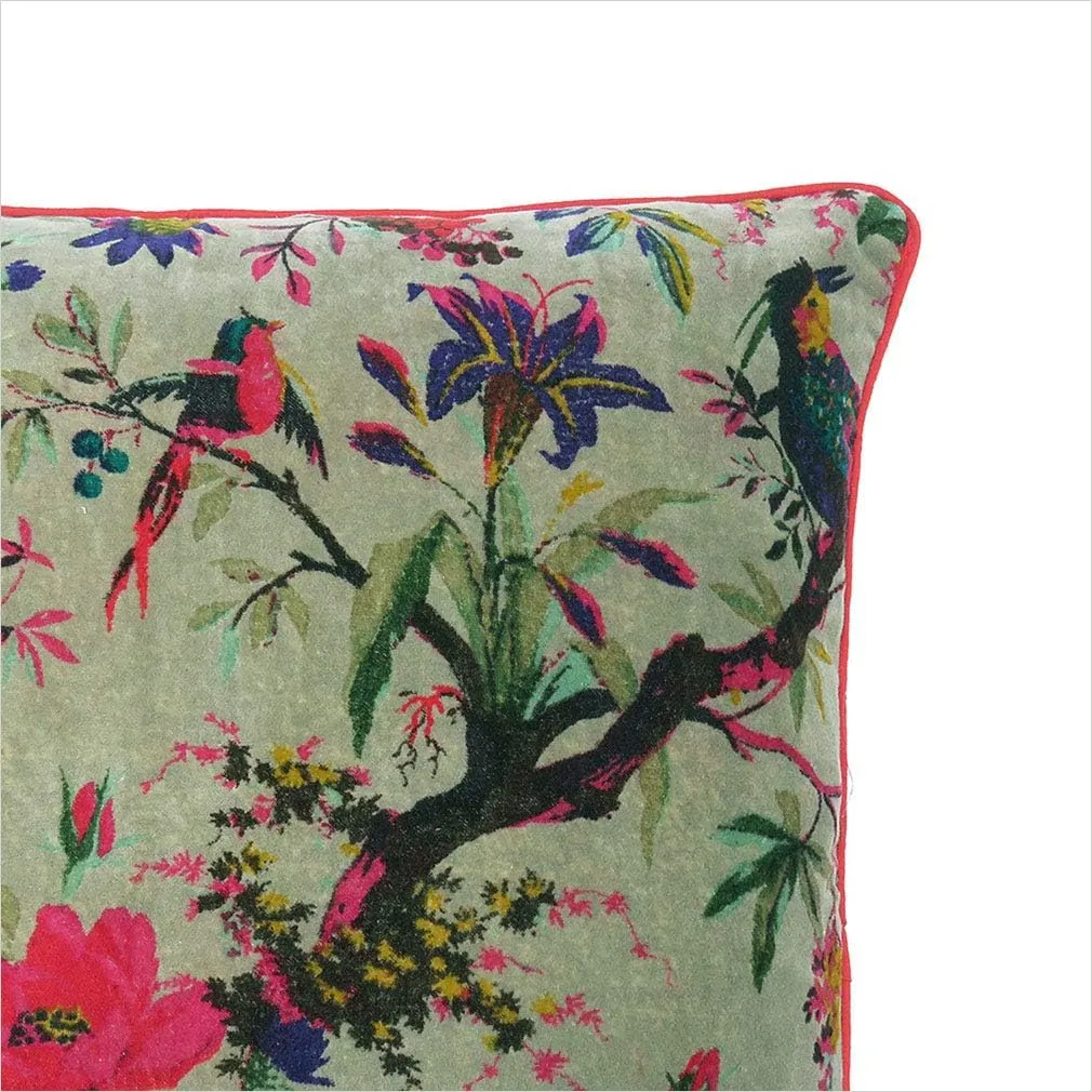 Eyes of India Velvet Floral Flower Bird Throw Pillow Sofa Cushion Cover Case Couch Colorful Boho Chic Bohemian Accent Indian Handmade (Olive Green, 16" x 16")