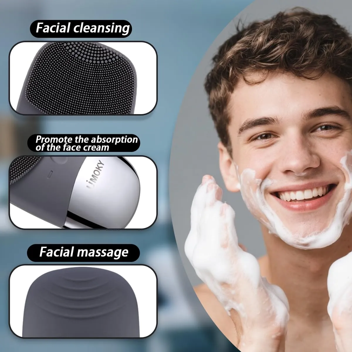 Facial Cleansing Brush, 3-in-1 Electric Silicone Face Scrubber, Vibrating Massager, IPX7 Waterproof, USB Rechargeble Pore Brush for Deep Cleanning, Blackhead Remover, Exfoliating (Gray)