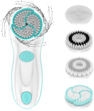 Facial Cleansing Brush Face Scrubber, 4 Brush Heads,Portable Rechargeable and Waterproof Face Wash Brush for Women & Men, Exfoliating, Massaging and Deep Cleansing, Electric Face Exfoliator