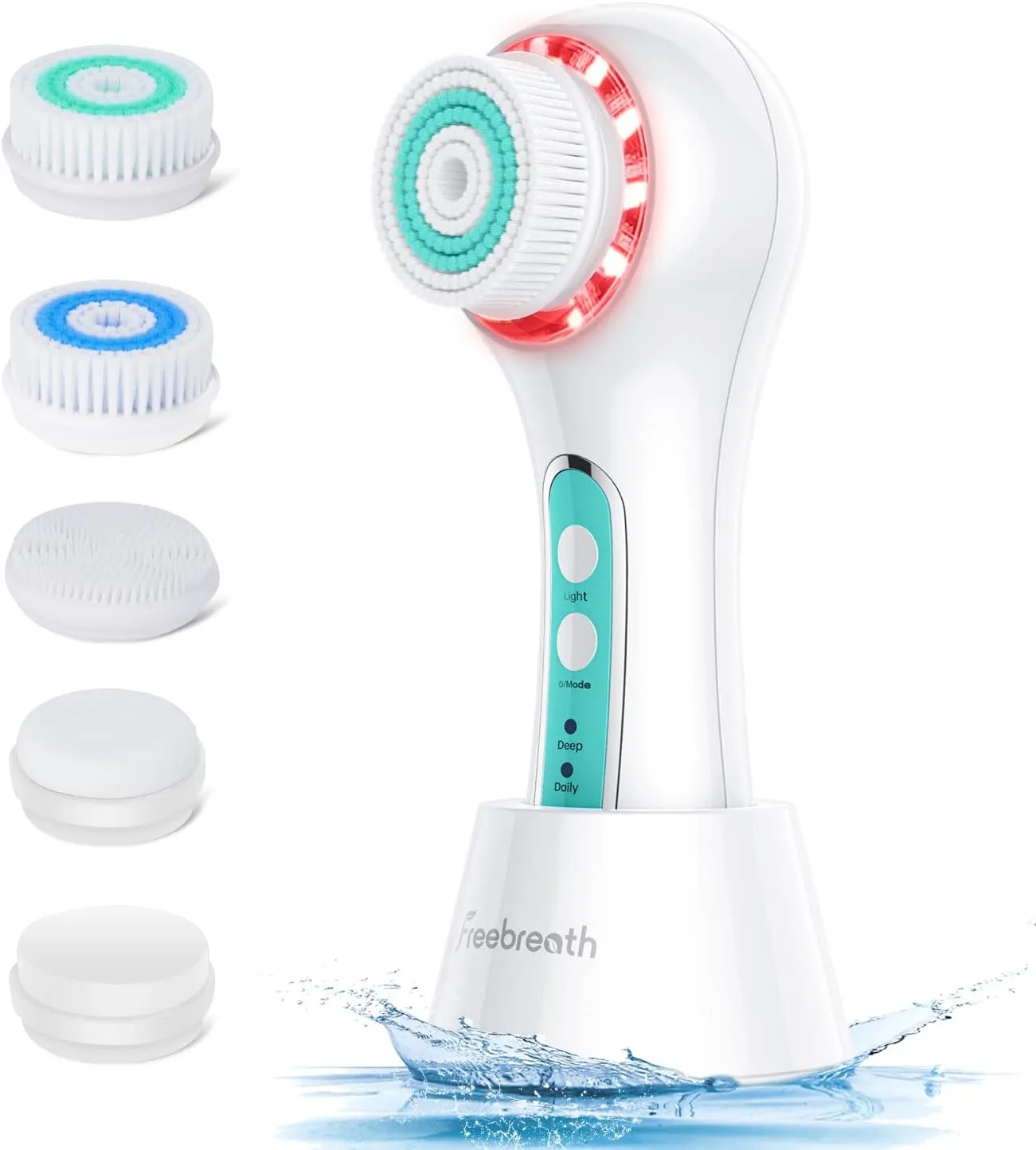 Facial Cleansing Brush, IPX7 Waterproof Face Scrubber with 3 Speed Modes, Face Brushes for Cleansing and Exfoliating with 5 Brush Heads, 1000mAh USB Rechargeable (Fresh Green)