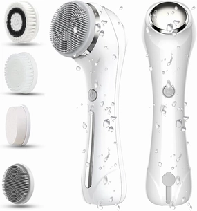 Facial Cleansing Brush, 2 in 1 Ｗaterproof IPx7 Facial Spin Scrubber Set with 4 Brush Heads, Rechargeable Exfoliating Face Brush Deep Cleansing, Gently Exfoliate and Remove Blackhead