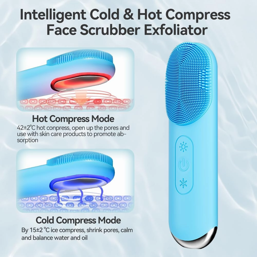 Facial Cleansing Brush, Silicone Face Scrubber, Electric Face Brushes for Cleansing with Vibration, Hot and Cold Modes, Face Scrub Brush for Women & Men Exfoliating and Massaging, Dark Blue