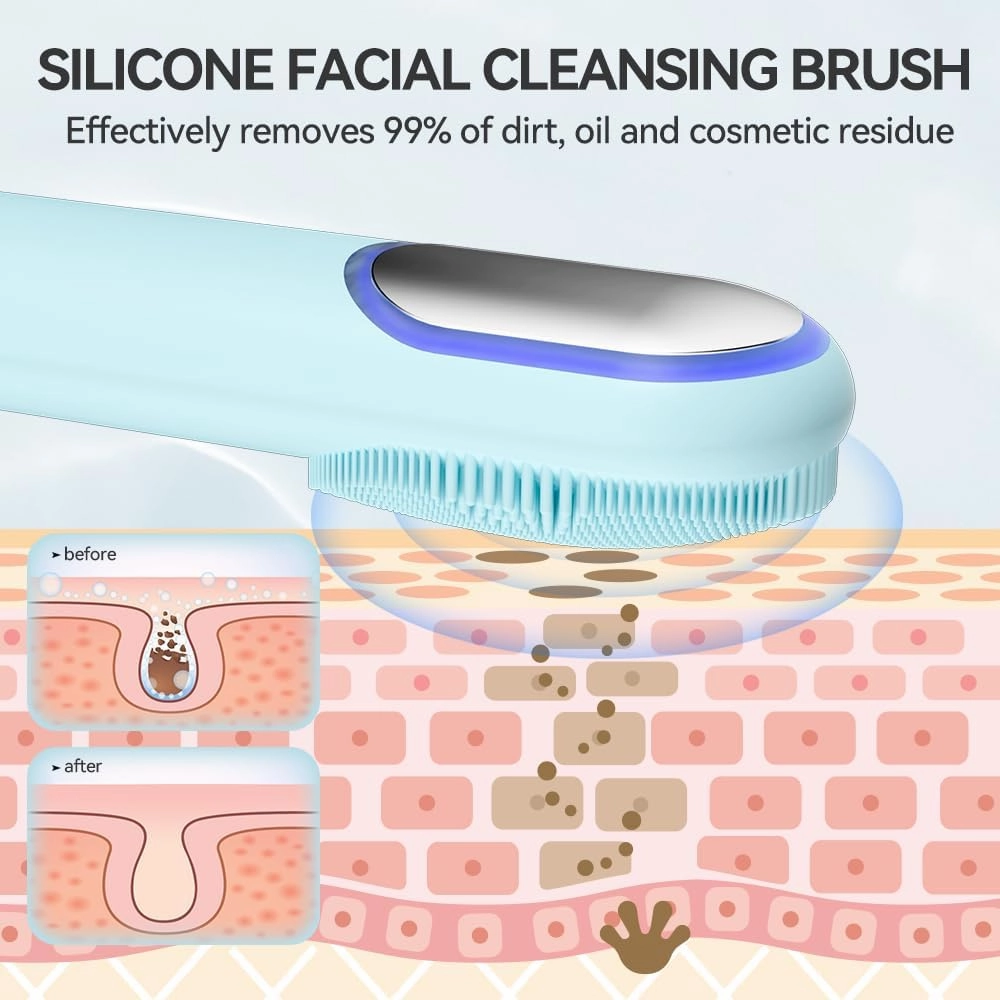 Facial Cleansing Brush, Silicone Face Scrubber, Electric Face Brushes for Cleansing with Vibration, Hot and Cold Modes, Face Scrub Brush for Women & Men Exfoliating and Massaging, Light Blue