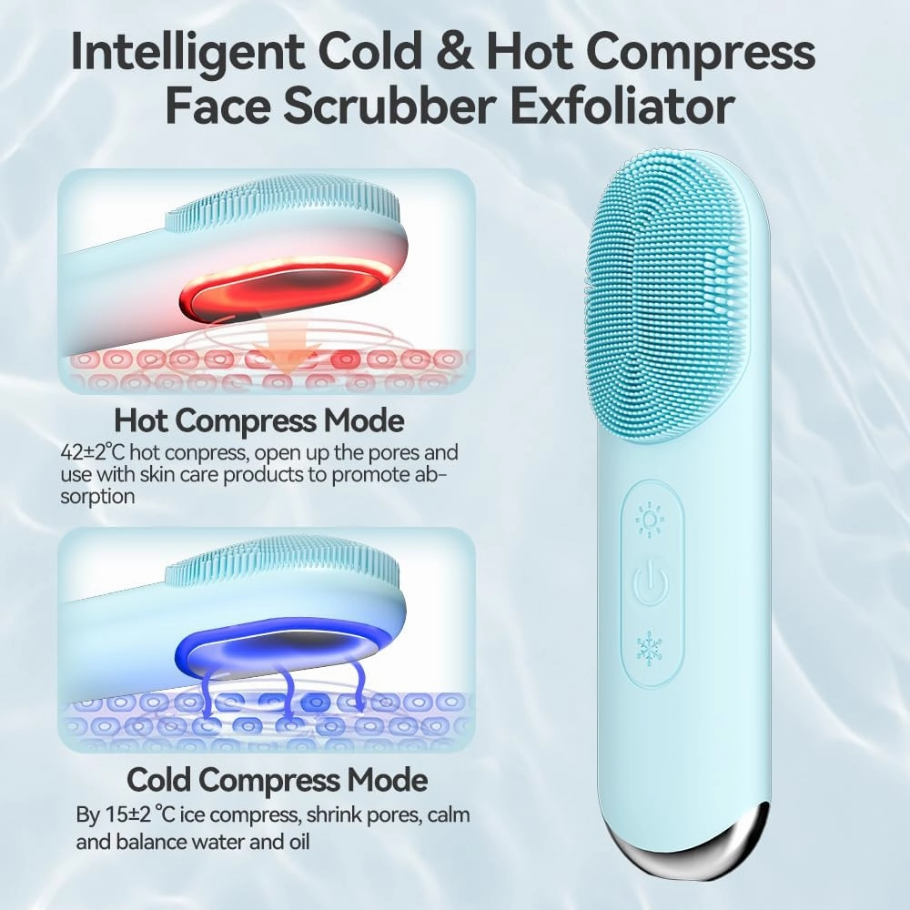 Facial Cleansing Brush, Silicone Face Scrubber, Electric Face Brushes for Cleansing with Vibration, Hot and Cold Modes, Face Scrub Brush for Women & Men Exfoliating and Massaging, Light Blue