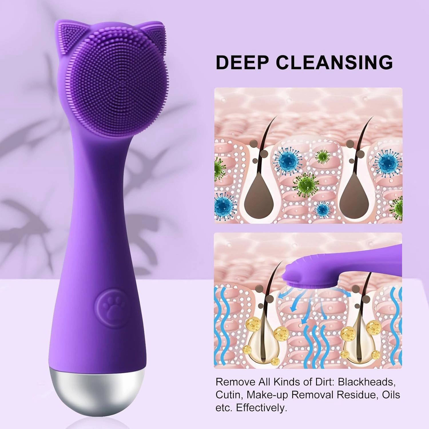 Facial Cleansing Brush, Silicone Face Scrubber Exfoliator for Men & Women, Electric Facial Brush Waterproof, with 3 Speeds Adjustable for Deep Cleaning, Removing Blackhead, Face Massaging (Purple)