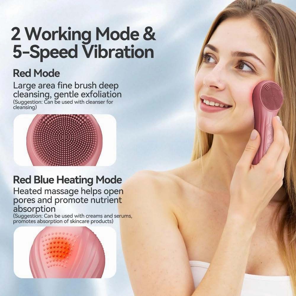 Facial Cleansing Brush, Silicone Face Scrubber with Heat and Vibration 5 Speeds, Waterproof Rechargeable Electric Face Scrub Brush for Men & Women, Deep Cleansing, Exfoliating and Massage (Red)