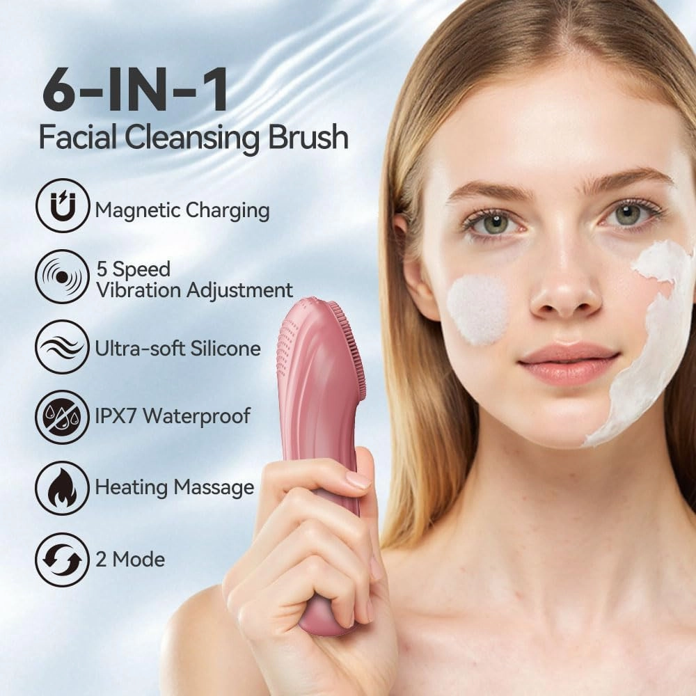 Facial Cleansing Brush, Silicone Face Scrubber with Heat and Vibration 5 Speeds, Waterproof Rechargeable Electric Face Scrub Brush for Men & Women, Deep Cleansing, Exfoliating and Massage (Red)