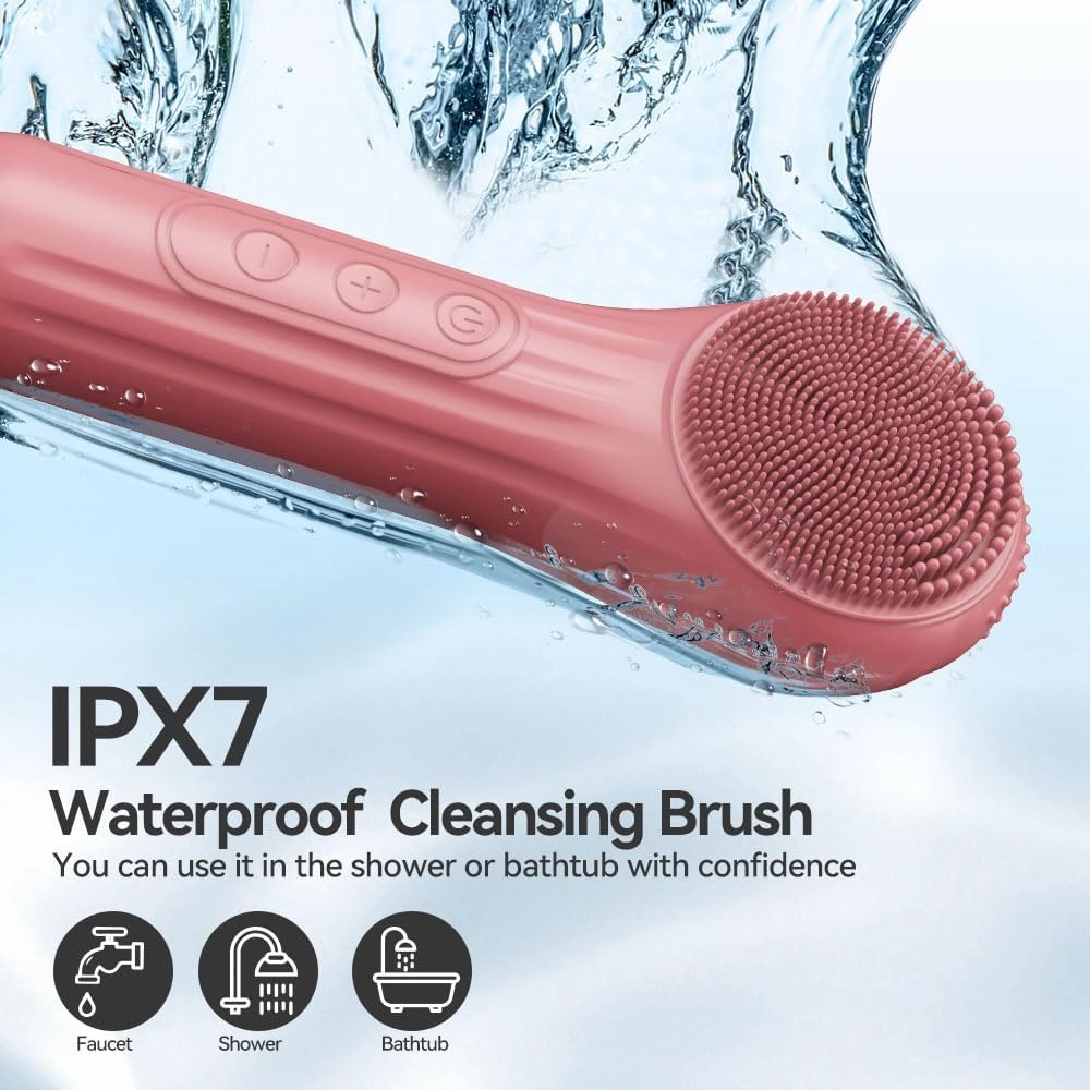 Facial Cleansing Brush, Silicone Face Scrubber with Heat and Vibration 5 Speeds, Waterproof Rechargeable Electric Face Scrub Brush for Men & Women, Deep Cleansing, Exfoliating and Massage (Red)