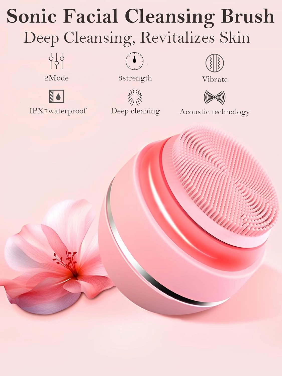 Facial Cleansing Brush, Waterproof and Rechargeable Face Scrub Brush for Men & Women, Cleansing, Exfoliating and Massaging, Electric Face Scrubber (Pink)