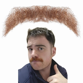 Fake Mustache Natural Realistic 100% Human Hair Fake Beard Handmade Invisible Lace Fake Facial Hair for Costume/Entertainment/Drama/ Parties/Cosplay/Halloween/Film Makeup (Brown Fake Facial Hair 3-2)