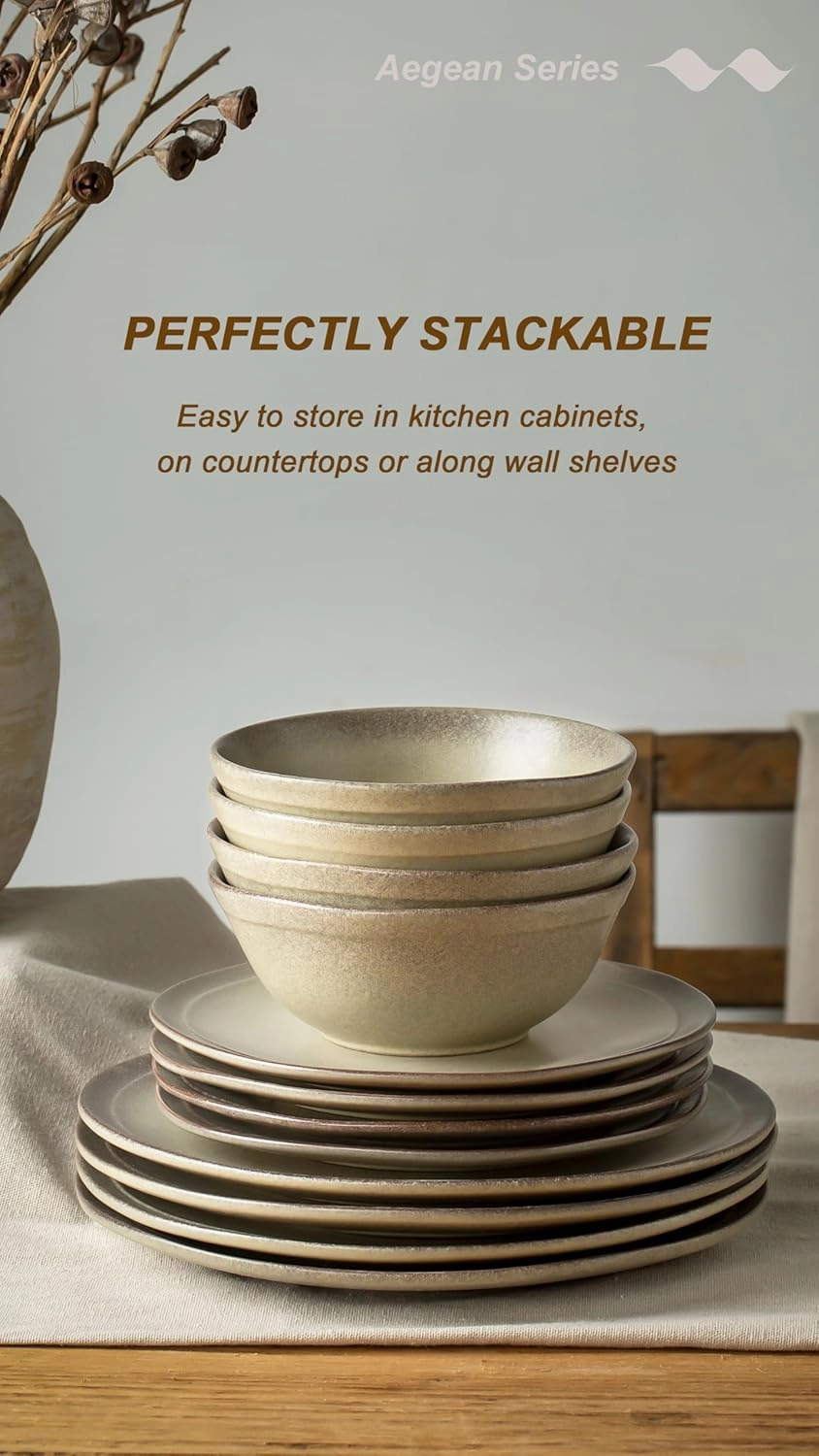 Famiware Aegean Plates and Bowls Sets, Dinnerware Set for 4, 12-Piece Stoneware Scratch Resistant Dinner Set, Handmade Irregular Round Dishes, Microwave and Dishwasher Safe, Matte Grey Green