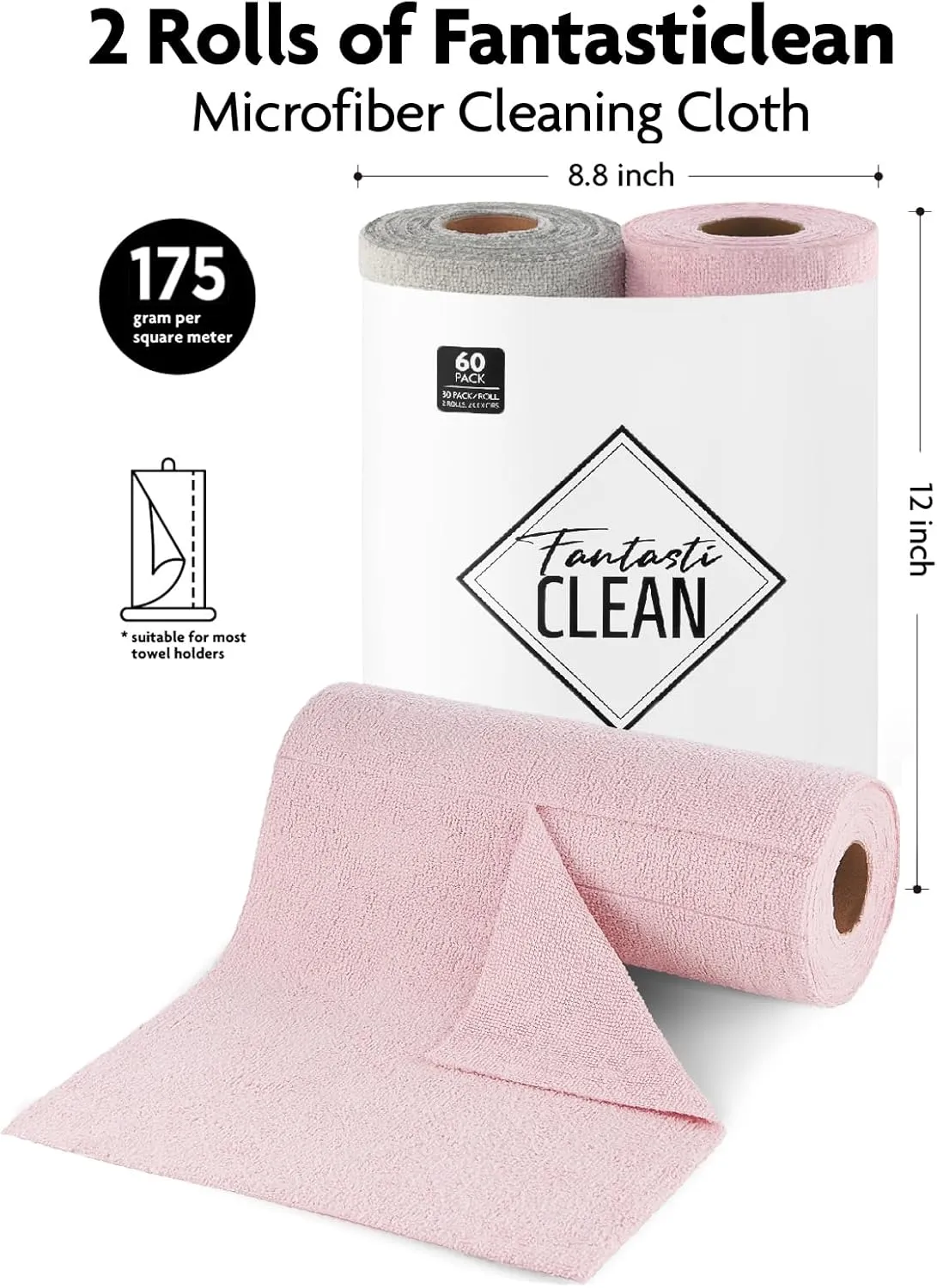 Fantasticlean Microfiber Cleaning Cloth Roll -60 Pack, Tear Away Microfiber Towels, 12" x 12", Reusable, Washable, Scratch Free, Ultra Absorbent Dish Rags for Car, Home, Garage or Shop (Pink & Grey)