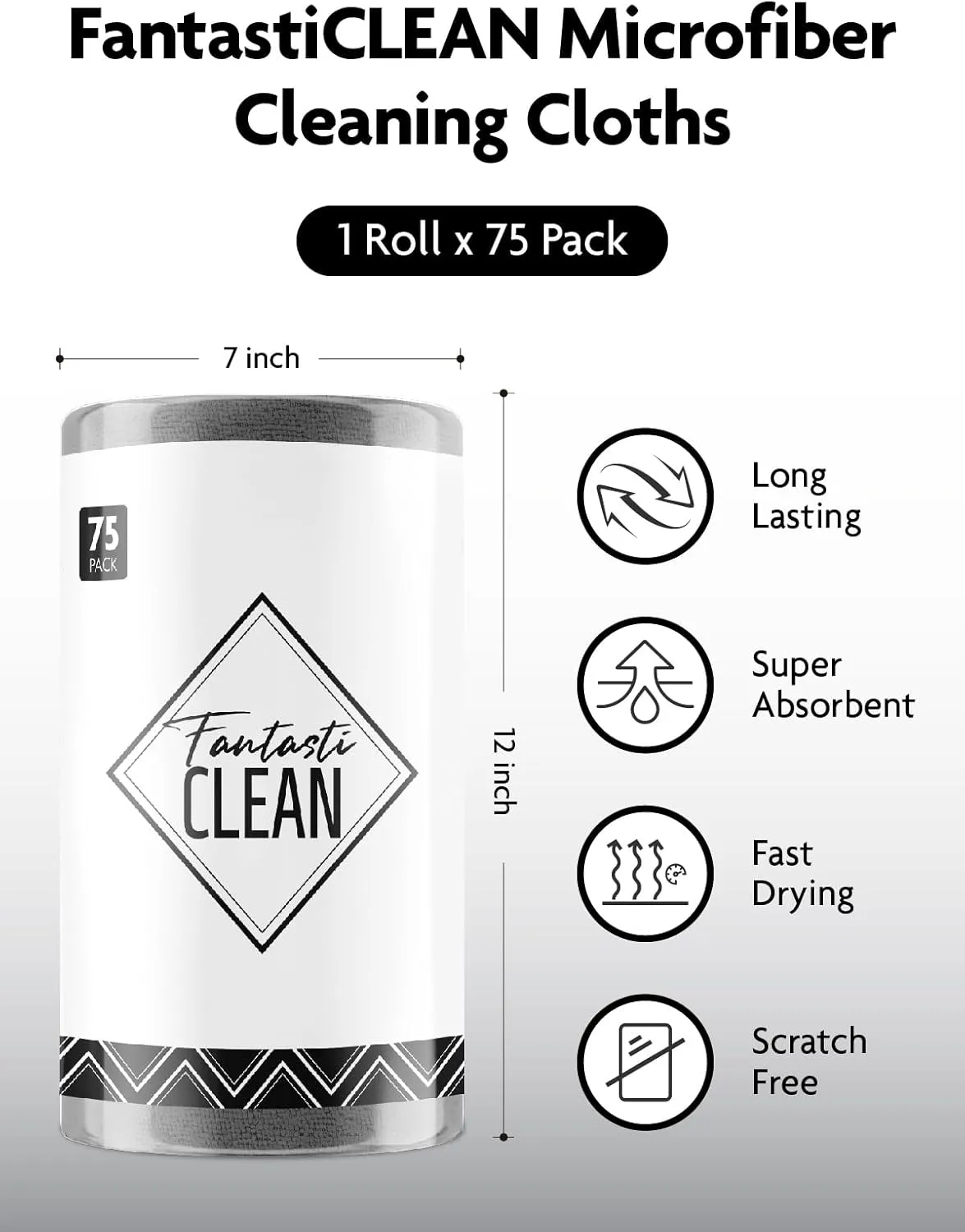 Fantasticlean Microfiber Cleaning Cloth Roll -75 Pack, Tear Away Microfiber Towels, 12" x 12", Reusable, Washable, Scratch Free, Ultra Absorbent Dish Rags for Car, Home, Garage or Shop (DimGray)