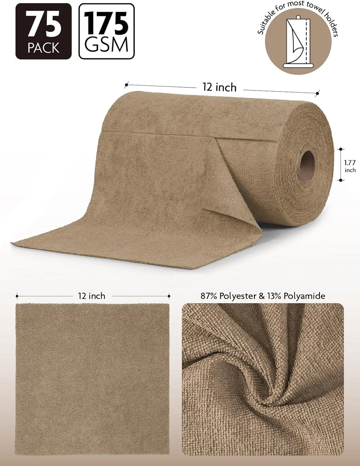 Fantasticlean Microfiber Cleaning Cloth Roll -75 Pack, Tear Away Microfiber Towels, 12" x 12", Reusable, Washable, Scratch Free, Ultra Absorbent Dish Rags for Car, Home, Garage or Shop (TAN)