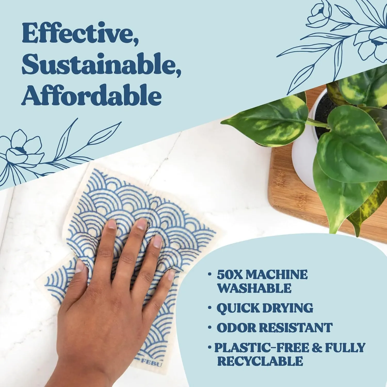 FEBU Swedish Dishcloths for Kitchen | 5 Pack Black Reusable Paper Towels Washable | Swedish Dish Towels | Non-Scratch Cellulose Sponge Cloths | No Odor, Biodegradable Cleaning Cloths