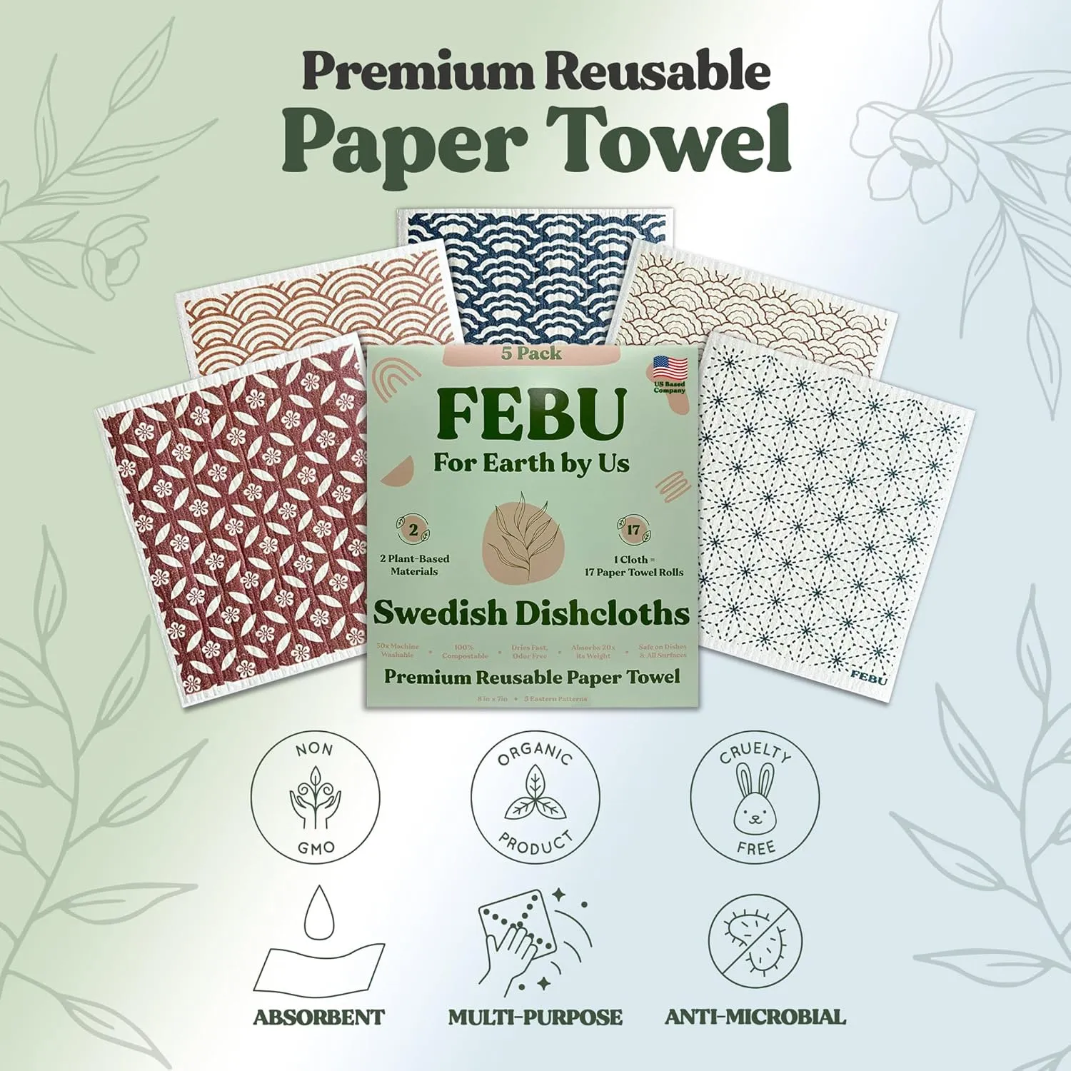 FEBU Swedish Dishcloths for Kitchen | 5 Pack Eastern Reusable Paper Towels Washable | Swedish Dish Towels | Non-Scratch Cellulose Sponge Cloths | No Odor, Biodegradable Cleaning Cloths