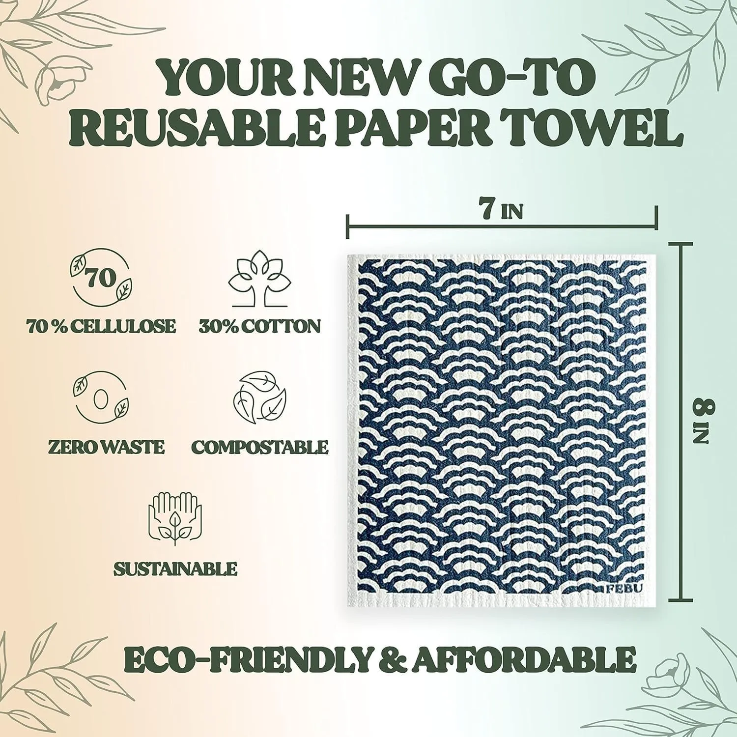 FEBU Swedish Dishcloths for Kitchen | 5 Pack Eastern Reusable Paper Towels Washable | Swedish Dish Towels | Non-Scratch Cellulose Sponge Cloths | No Odor, Biodegradable Cleaning Cloths