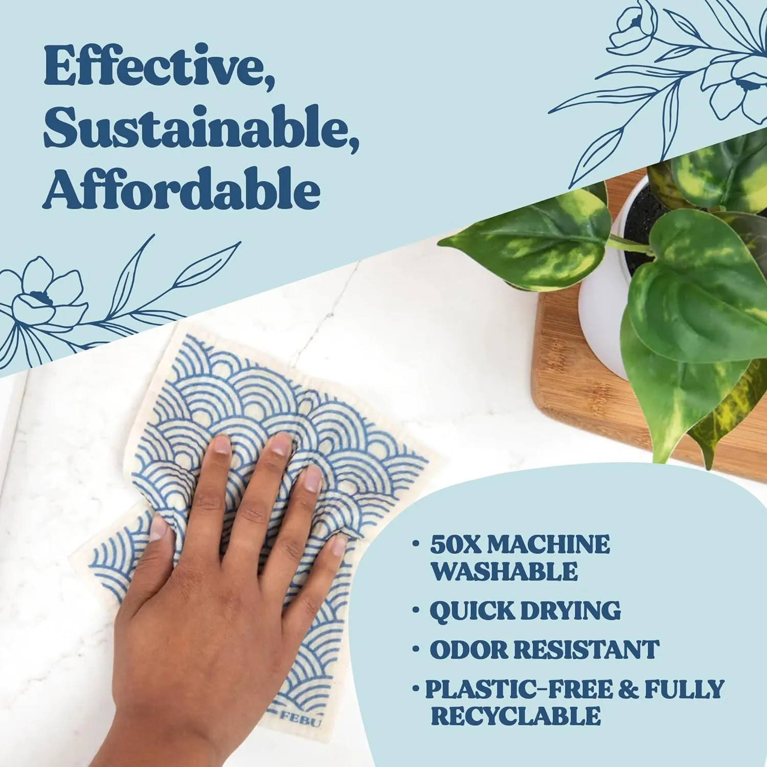FEBU Swedish Dishcloths for Kitchen | 5 Pack Faded Summer Reusable Paper Towels Washable | Swedish Dish Towels | Non-Scratch Cellulose Sponge Cloths | No Odor, Biodegradable Cleaning Cloths