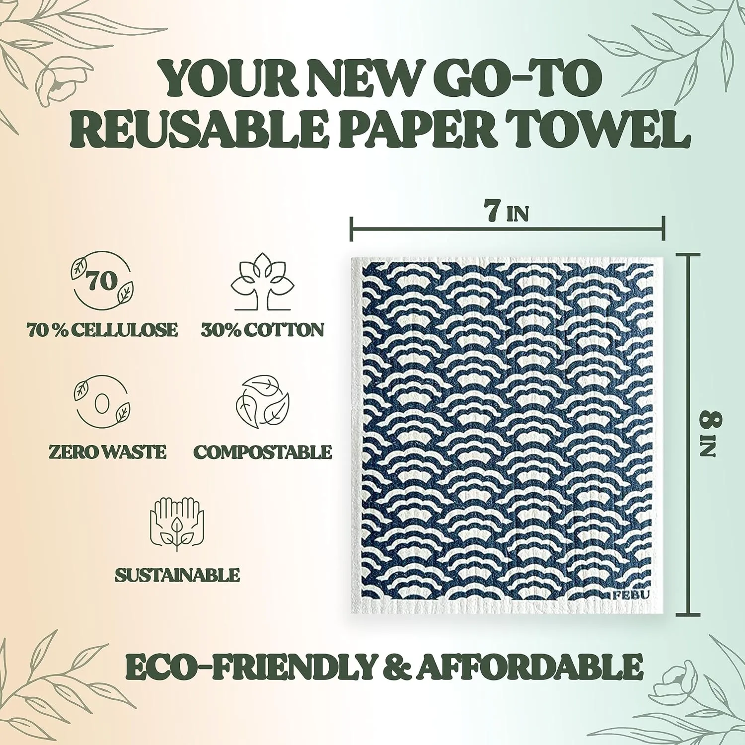 FEBU Swedish Dishcloths for Kitchen | 5 Pack Japanese Reusable Paper Towels Washable | Swedish Dish Towels | Non-Scratch Cellulose Sponge Cloths | No Odor, Biodegradable Cleaning Cloths