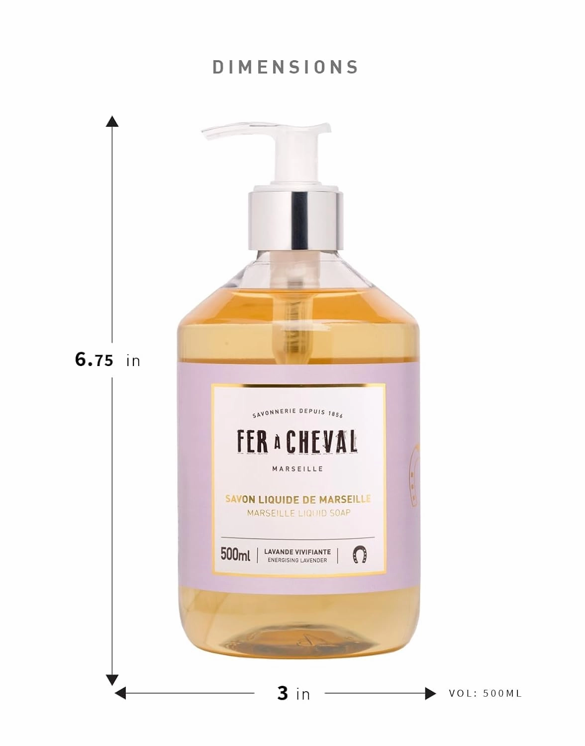 Fer à Cheval Energizing Lavender Marseille Liquid Soap Duo | Argan & Coconut Oil Enriched, Luxurious Lather, Ultra-Hydrating, SLS-Free, Natural Ingredients - Set of 2, 500ml/16.9 f oz