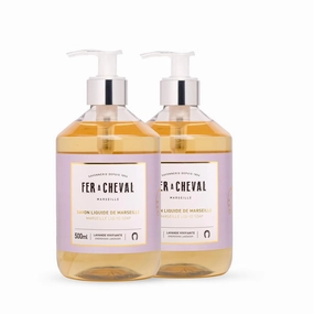 Fer à Cheval Energizing Lavender Marseille Liquid Soap Duo | Argan & Coconut Oil Enriched, Luxurious Lather, Ultra-Hydrating, SLS-Free, Natural Ingredients - Set of 2, 500ml/16.9 f oz
