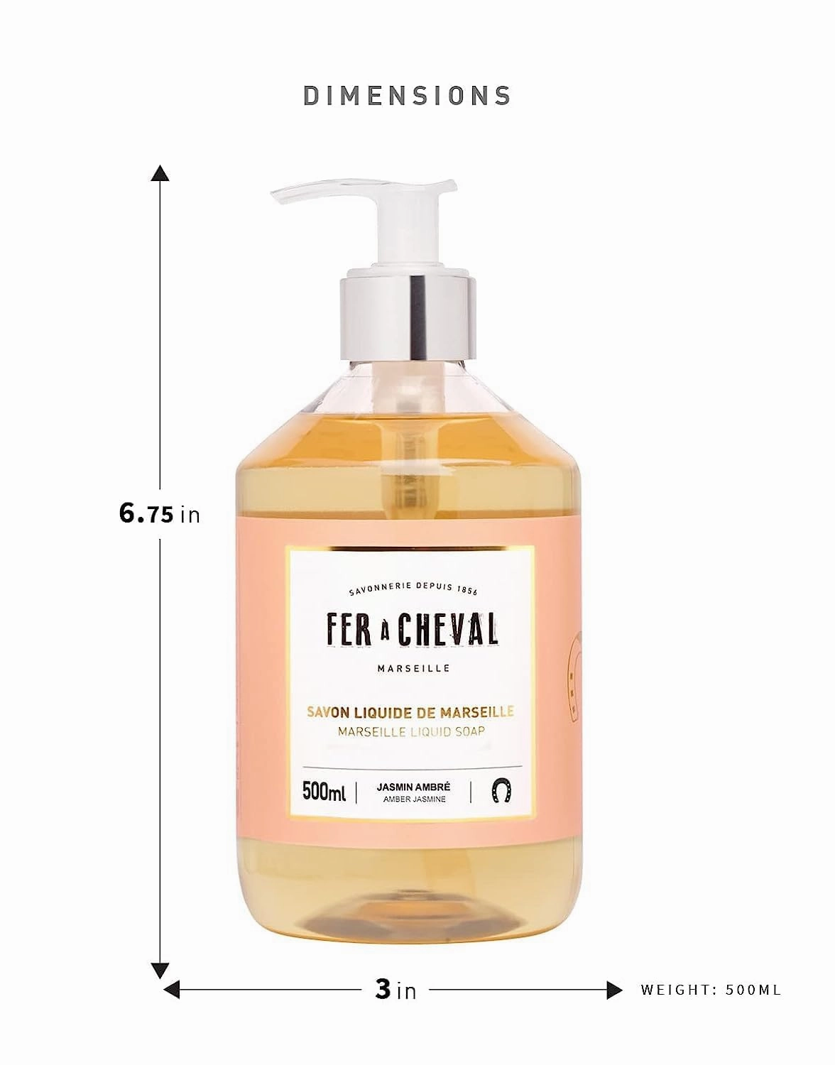 Fer à Cheval Liquid Marseille Soap, French Luxury Savon Liquide De Marseille Soap, Amber Jasmine, 500ml/16.9fl oz