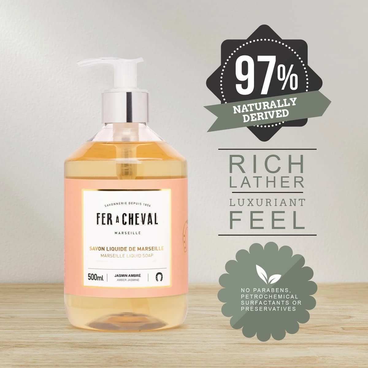 Fer à Cheval Liquid Marseille Soap, French Luxury Savon Liquide De Marseille Soap, Amber Jasmine, 500ml/16.9fl oz