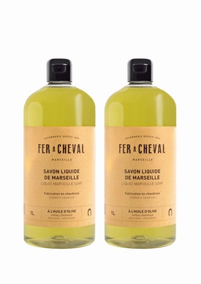 Fer à Cheval Olive Oil Marseille Liquid Soap 1 L/33.81 fl oz - Hypoallergenic, Natural Ingredients, Eco-Friendly Body & Hand Wash, 2 Pack
