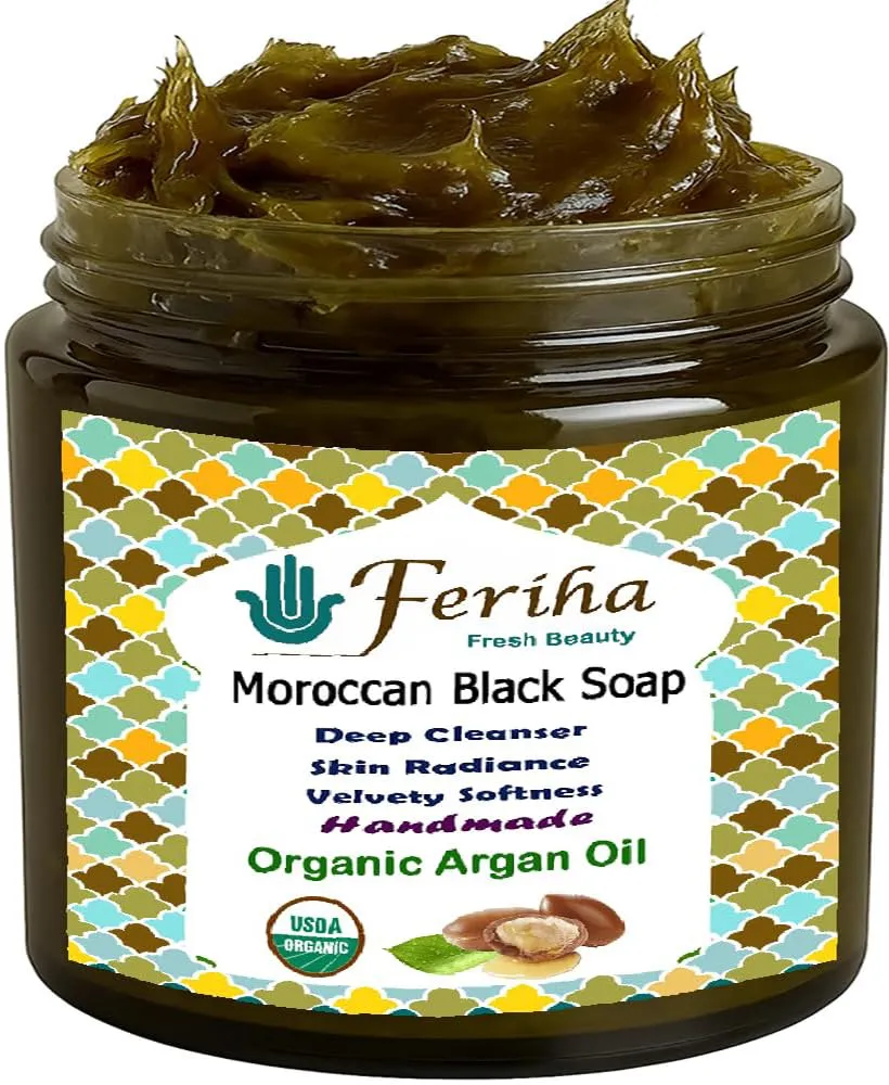 FERIHA Premium Moroccan Black Soap with Organic Argan Oil, 100% Authentic, Artisan Beldi Soap - Sourced, Crafted & Packed in Morocco - Traditional Hammam Formula