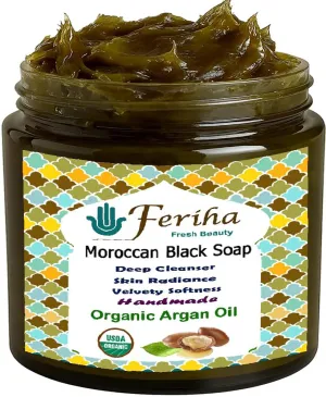 FERIHA Premium Moroccan Black Soap with Organic Argan Oil, 100% Authentic, Artisan Beldi Soap - Sourced, Crafted & Packed in Morocco - Traditional Hammam Formula