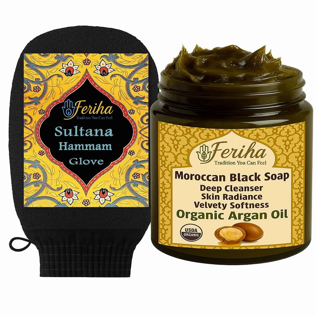 FERIHA Moroccan Argan Oil Black Soap   Original Kessa Exfoliating Mitt – Authentic Hammam Skincare Duo for Deep Cleansing, Nourishment, and Radiant Skin