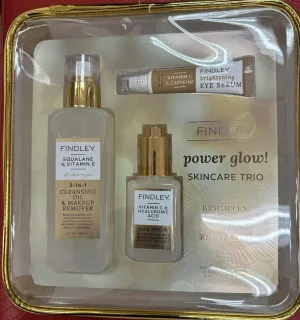 Findley Power Glow Skincare Trio, Squalene & vitamin E Cleansing Oil, Vitamin C & Hyaluronic Acid Face Serum, Vitamin C & caffeine Eye Serum. No bleaching agents 6.5 fl oz