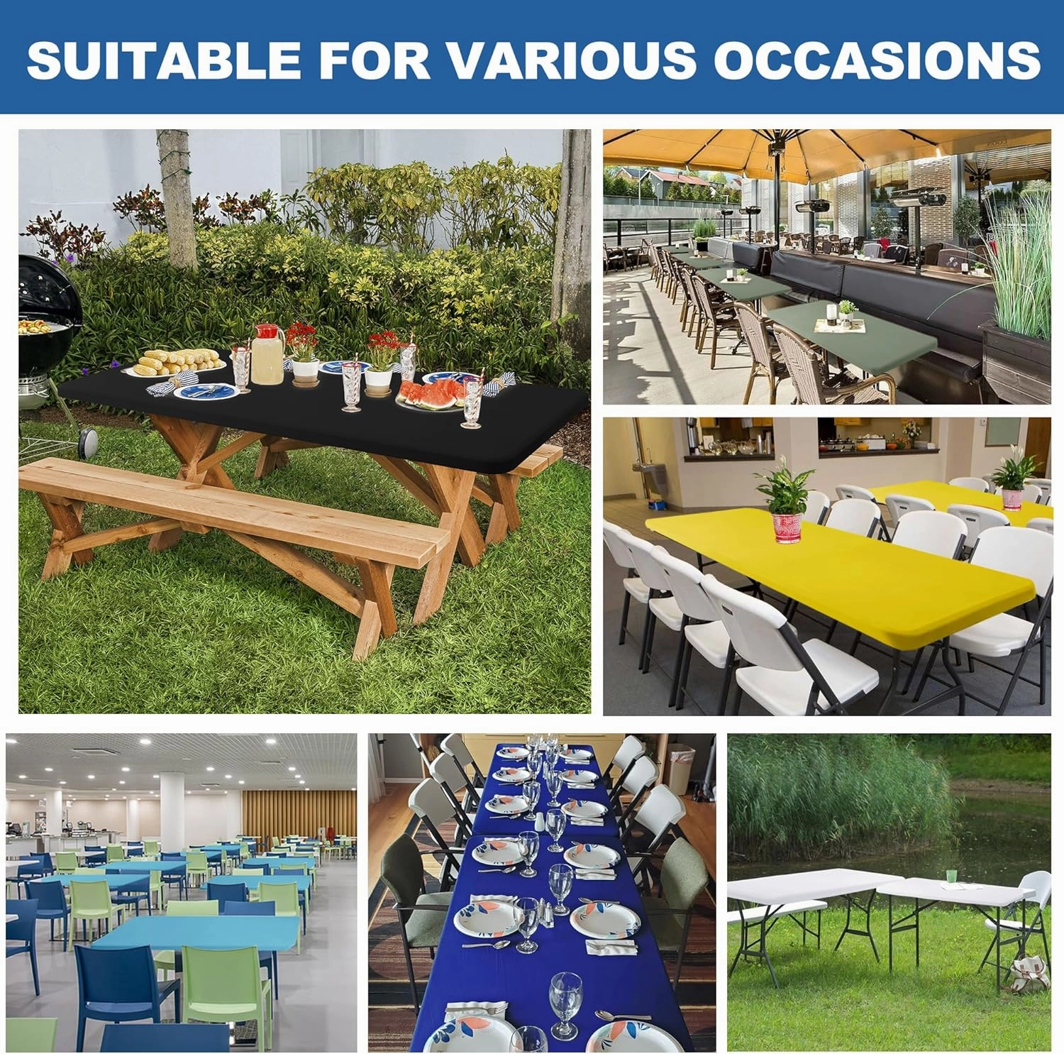 Fitted Tablecloth for 8 Foot Rectangle Tables-6 Pack Green Elastic Outdoor Picnic Table Cover-Spandex Stretch Folding Table Cloths 8ft for Camping Dining Room Patio Kitchen Banquet Party