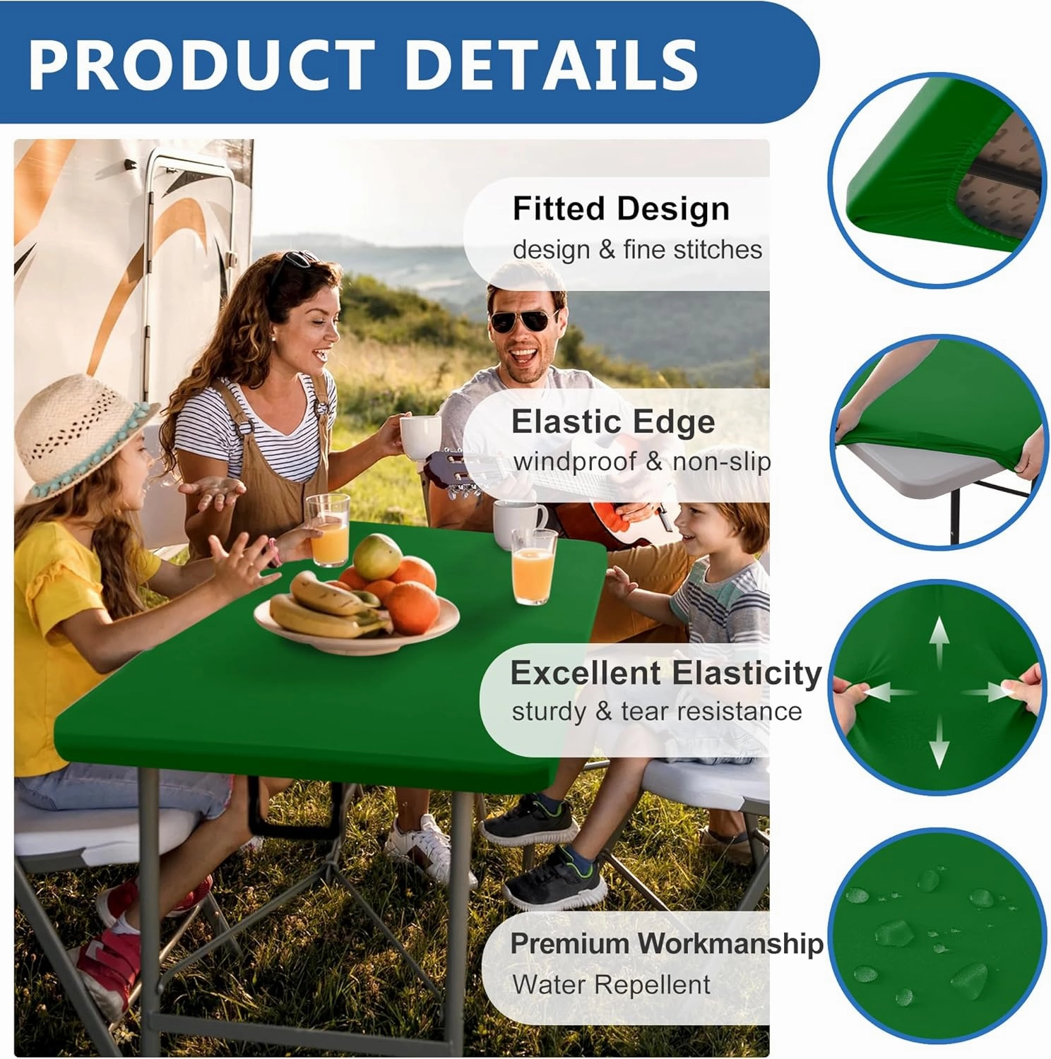 Fitted Tablecloth for 8 Foot Rectangle Tables-6 Pack Green Elastic Outdoor Picnic Table Cover-Spandex Stretch Folding Table Cloths 8ft for Camping Dining Room Patio Kitchen Banquet Party