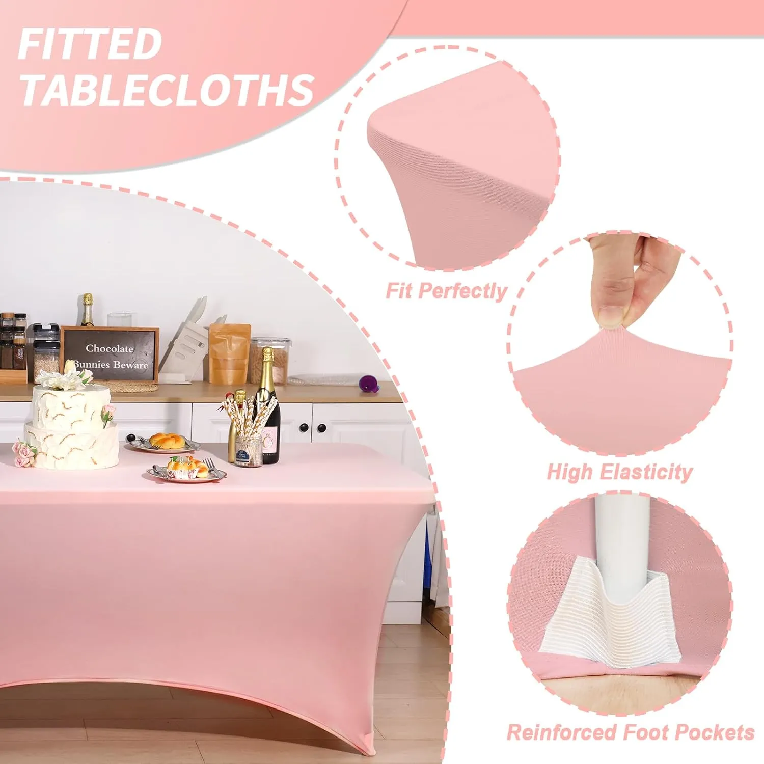 Fixwal 3 Pack Pink Table Cloths Rectangle 6FT, Tablecloths Rectangular Stretch Spandex Fitted Table Covers 6 ft for Parties, Trade Shows, Banquet, Weddings, Graduation Decorations, Buffet