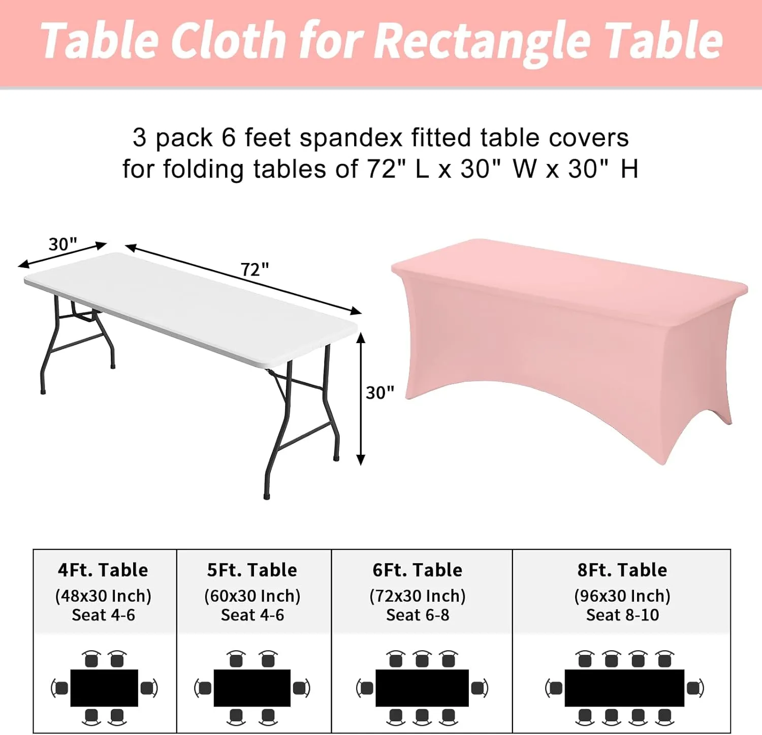 Fixwal 3 Pack Pink Table Cloths Rectangle 6FT, Tablecloths Rectangular Stretch Spandex Fitted Table Covers 6 ft for Parties, Trade Shows, Banquet, Weddings, Graduation Decorations, Buffet