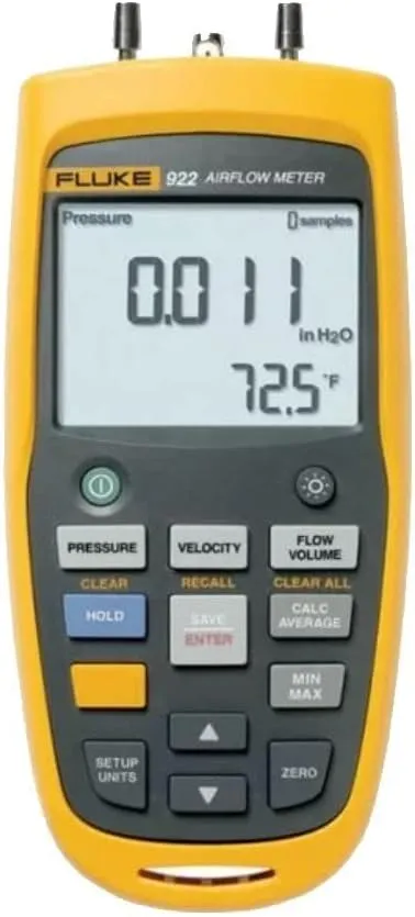 Fluke 922 Airflow Micromanometer with Bright Backlit Display,  /- 0.6 psi Pressure, 16000 fpm Velocity, 99999 cfm Volume