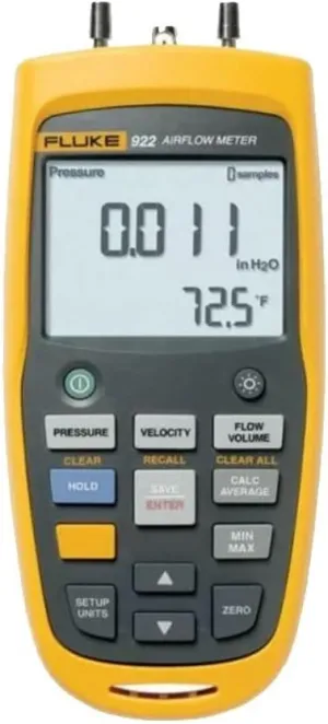 Fluke 922 Airflow Micromanometer with Bright Backlit Display,  /- 0.6 psi Pressure, 16000 fpm Velocity, 99999 cfm Volume