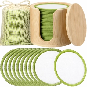 Foaincore 40 Pcs Reusable Makeup Remover Pads with Mesh Laundry Bag Washable Bamboo Cotton Rounds Soft Reusable Face Pad for Toner Skin Types with Bamboo Holder(White, Green)