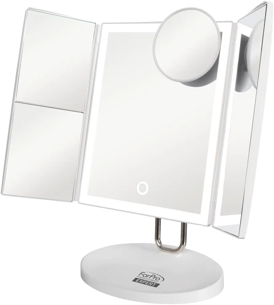 ForPro Professional Collection Expert Rechargeable LED Tri-Panel Makeup, Dual-Powered, Vanity Mirror with 34 LED Lights, 1X/2X/3X/7X Magnification, Matte White