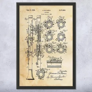 Framed Clarinet Print, Musician Gift, Recording Studio Art, Clarinet Blueprint, Jazz Club Decor, Band Director Vintage Paper (12x16)