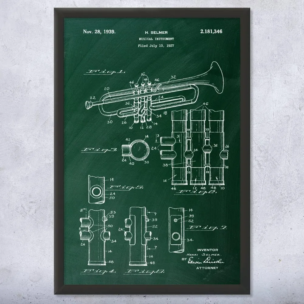 Framed Trumpet Print, Trumpet Design, Jazz Art, Music Class Decor, Music Teacher Gift, Trumpet Decor, Marching Band Gift Green Chalkboard (11x17)