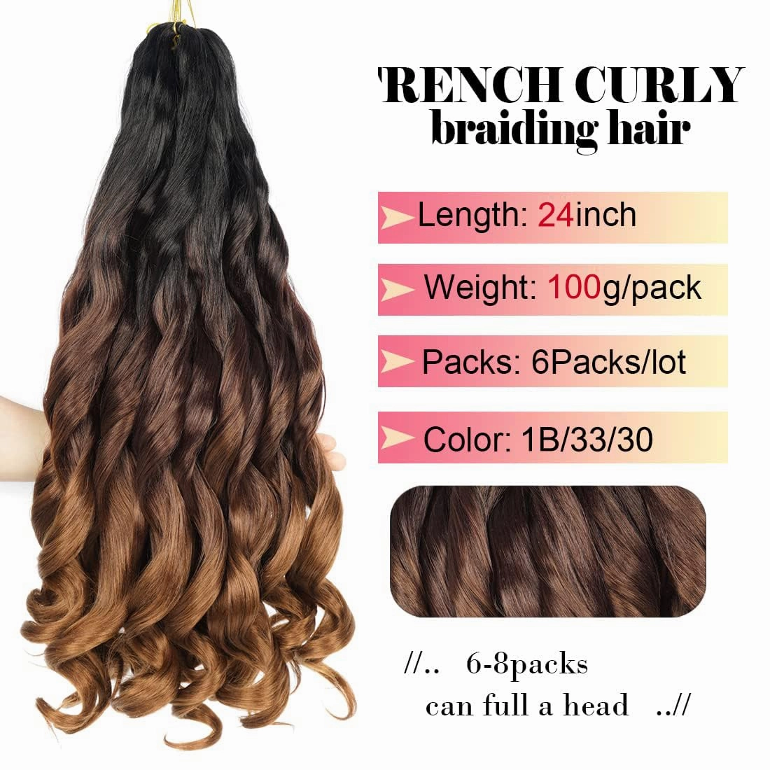 French Curl Braiding Hair 24 inch 6 Packs Loose Wave Bouncy Braiding Hair Pre Stretched 100/pack Yaki Curly Crochet Hair for Black Women Hair Extensions(24 inch(pack of 6),1b/33/30)