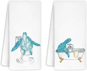 Funny Blue Sea Turtle Decorative Bath Hand Towels for Bathroom Set of 2 - Sea Turtles Bathroom Decor, Sea Turtle Gifts for Women, 16x24 in