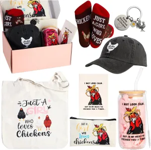 Funny Chicken Gifts for Women Chicken Lovers Stuff Chicken Lovers Gifts for Women Include Chicken Glass Cup Canvas Tote Bag Makeup Bag Keychain Hat Socks Card for Birthday Christmas